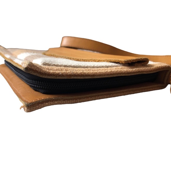 SutiSana Crossbody Organizer Color Sepia Wool Leather Zipper Bag Yellow Stripe - Picture 11 of 16